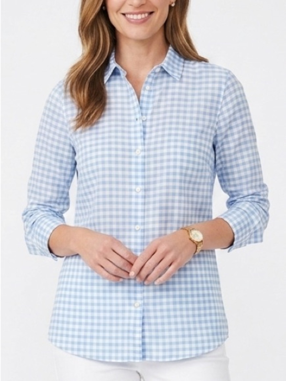 J. McLaughlin Blue White Gingham Button Down Long Sleeve Top Medium